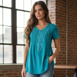 Marie-Claire short sleeve embroidered boho Romantic blouse, Whimsical,size L